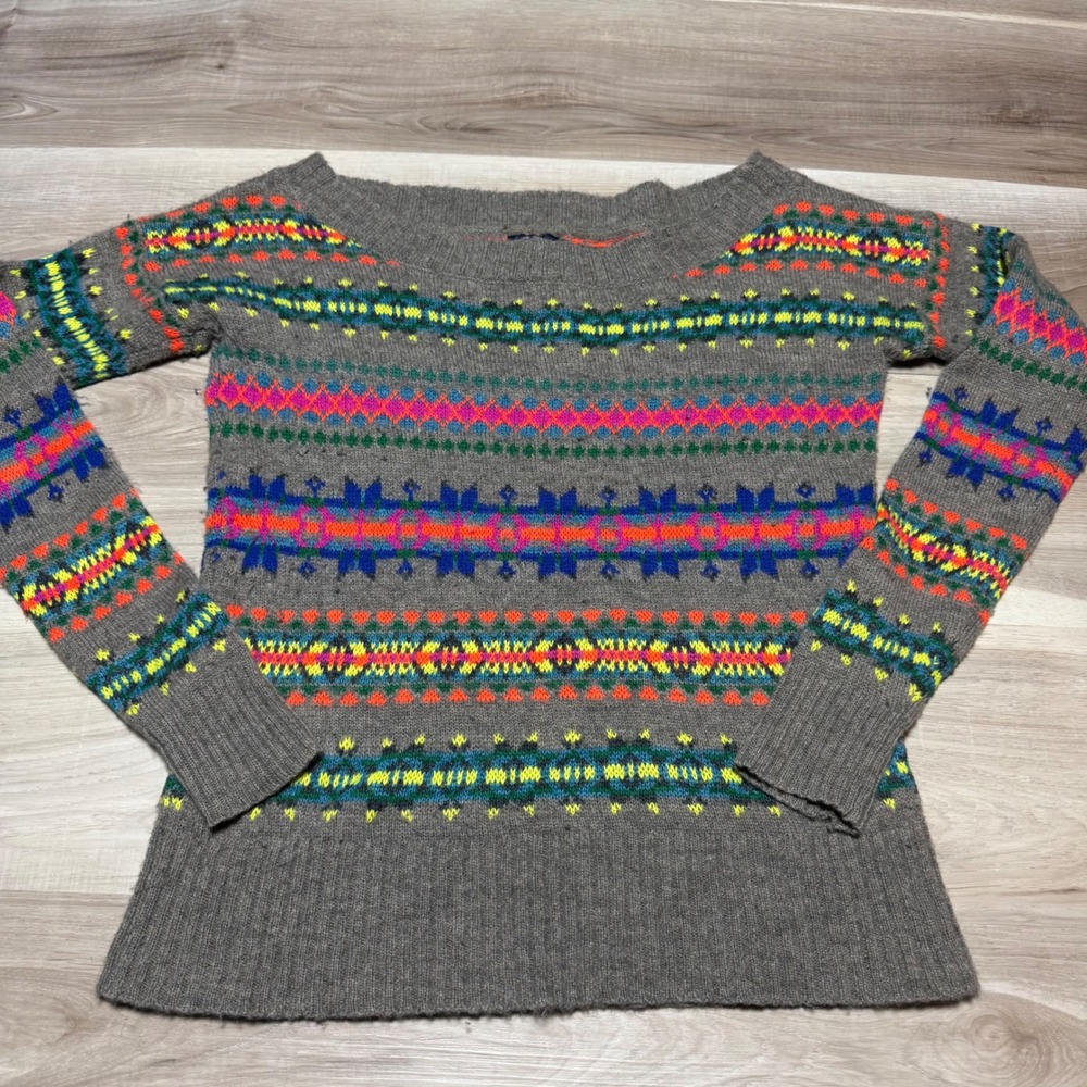 American Eagle Fair Isle Sweater Women Medium Grey Neon Wool Blend Knit Pullover